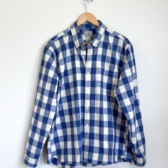 VTG LL Bean Slightly Fitted Plaid Mens Button Up Shirt Size L Blue Check Preppy - Picture 1 of 9